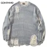 Men's Sweaters Men Ripped Sweater Grunge Y2K Hip Hop Solid Knitted Distressed Hole Tassel Oversized Jumper 2023 Harajuku Punk Loose Pullover 231215