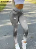 Kvinnors jean faux denim leggings höga midja byxor smala elastiska sömlösa mager sport blyertsbyxor kvinnlig träning som kör byxor 231215