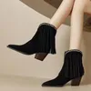 Boots Mid Heel Shoes Chunky Fringe Chelsea Ankle 2023 Winter Trend Suede Pointed Toe Pumps Casual Sock Botas 231216