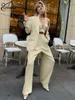 Women's Two Piece Pants Oymimi Elegant Khaki Office Womens 2 Outfit Set Fashion Long Sleeve Single Button Blazers And Simple Straight Trousers 231215