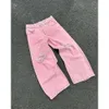 Haruku hiphop skalle broderi rosa rippade baggy jeans kvinnor nya mode casual gotiska breda byxor streetwear