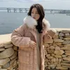 Kvinnor Down Parkas Korean Checkered Cotton Dress Hooded Wool Collar Coat Winter Mid Längd förtjockad varm jacka 231215