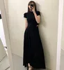 Sukienki robocze Korean 2-częściowy elegancka moda moda czarna dzianina z krótkim rękawem T-shirt top szary wysokiej talii Slim A-Line Long Spirt