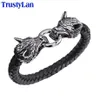 Cool en acier inoxydable Double tête de loup hommes Bracelets Bracelets qualité noir véritable Bracelet en cuir hommes Pulseras bijoux Gif219B