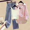 Calças femininas de duas peças roupas femininas idade reduzindo conjunto para primavera verão 2023 chegada camisa casaco com tanque top perna larga jeans três