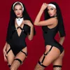 Ensemble sexy JSY Nun Uniforme Cosplay Lingerie Noir DeepV Body Sous-vêtements pour femmes Teddy Costumes érotiques Tenues de jeu de rôle 231216