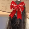 ヘアアクセサリーレッドベルベットボウノットタッセルクリップスイートバタフライヘアピンボウバレットバレットヘッドウェア2024