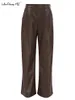 Pantalon pour hommes Mnealways18 Faux Cuir Femmes Taille Haute Pantalon Vintage Brown Jambes Larges Pantalon Bureau Dames Poches Occasionnelles Baggy 231216