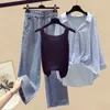 Calças femininas de duas peças roupas femininas idade reduzindo conjunto para primavera verão 2023 chegada camisa casaco com tanque top perna larga jeans três