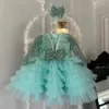 Mädchenkleider Puffy Tiered Blumenkleid Tüll Pailletten Langarm Knielang Schleife Festzug Ballkleid Feder Baby Kinder Geburtstag Party