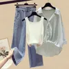 Women's Two Piece Pants Women's Clothing Age Reducing Set For Spring Summer 2023 Arrival Shirt Coat With Tank Top Wide Leg Jeans Three
