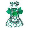 Ensembles de vêtements 2023-12-07 Lioraitiin bébé fille St Patricks jour tenue à manches courtes barboteuse trèfle rayé jarretelle jupe bandeau vêtements ensemble