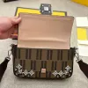 FEN Kristalle Vintage Tasche Damen Top Griff Handtasche Umhängetasche Designer Tasche Strass Luxus Tasche Jacquard Stoff Echtes Leder Schultertaschen Top Qualität Breiter Riemen