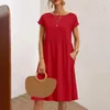 Casual Dresses Women Summer Dress Short Sleeves O Neck Loose Hem Pleated A-line Pockets Mid-calf Length Female Flowy Sundress Streetwear