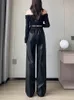 Herrbyxor 2023 Autumn Winter Leather for Women Korean Fashion Wide Leg Loose Black Trousers Woman High midja Pantalones 231216