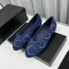 Luxury print denim ballet flats dress shoes genuine leather butterfly knot low heels formal black blue womens single shoes