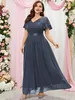 Gray Lace Plus Size Mother Of The Bride Dresses Short Sleeves Wedding Guest Dress Floor Length A Line Chiffon Evening Gowns 415