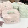 Cosmetic Bags Pink Green Grid Makeup Bag Large Capacity Cute Portable Storage Cotton Wash