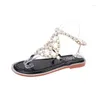 Sandals Comfort Shoes For Women Beige Heeled All-Match 2023 Summer Black Low Pearl Fashion Elastic Band Beach Clear Flat Girls