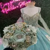 MINT GREEN PUFFY Jupe Princesse Quinceanera Robes de l'épaule Applique Perles de dentelle Gillter CORSET CORRO Vestido xv 15 Anos