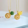 Pendant Necklaces Natural Hetian Jade S925 Sterling Silver Gilt Jasper Beeswax Bead Fu Lu Gourd Hollow