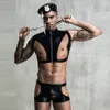 Ensemble Sexy JSY Cosplay Lingerie pour hommes, uniforme, sous-vêtements en Latex, Costumes porno érotiques noirs, tenues de jeu de rôle 231216