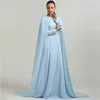 2024 Sky Blue Evening Pageant Dress with Cap ärmar O-Neck spetsapplikationer Chiffon Muslim Prom Formal klänning Vestidos de Gala Robe de Soiree