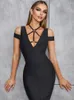 Casual Dresses Sexig Halter V Neck Sequined Black Women Bandage Elegant Off Shoulder Backless BodyCon Celebrity Evening Party Midi Dress