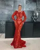 Red Mermaid Evening Dresses With Detachable Train Beading Lace Long Sleeve Prom Gowns Red Carpet Show Special Occasion Dress