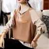 Women's Hoodies #4729 Khaki False Two Piece Sweatshirts Women Shirt Sleeve Polo Collar Vintage Office Sweatshirt Tops Pullovers Spring