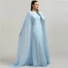 2024 Sky Blue Evening Pageant Dress with Cap ärmar O-Neck spetsapplikationer Chiffon Muslim Prom Formal klänning Vestidos de Gala Robe de Soiree