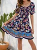 Vestidos de fiesta Estampado floral Mini mujeres Casual Cuello cuadrado Vestido de manga de soplo Mujer Verano Vintage Ruffles Boho Beach Holiday