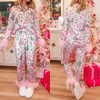 Women's Sleepwear Elegant Satin Two Piece Set Long Sleeve Top Pants Homewear Outfits Loungewear Nightwear Women Christmas Pajamas