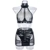 Sexy Set Luxus Dessous Leder Mesh Schwarz Frauen Unterwäsche Latex Push-Up Halter Bh und Tanga Röcke Sets Uniform 231216