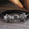 Cool en acier inoxydable Double tête de loup hommes Bracelets Bracelets qualité noir véritable Bracelet en cuir hommes Pulseras bijoux Gif219B