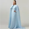 2024 Sky Blue Evening Pageant Dress with Cap ärmar O-Neck spetsapplikationer Chiffon Muslim Prom Formal klänning Vestidos de Gala Robe de Soiree