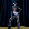 Palco desgaste 2023 trajes de dança latina para meninas veludo leopardo padrão flare calças terno chacha rumba tango vestido roupas dn16904