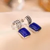 Kolczyki Dangle Real Solid 925 Sterling Silver Stud Natural Lapis Lazuli Geometry Square