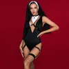 Ensemble sexy JSY Nun Uniforme Cosplay Lingerie Noir DeepV Body Sous-vêtements pour femmes Teddy Costumes érotiques Tenues de jeu de rôle 231216