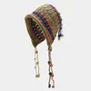 Bérets japonais et coréen crochet à la main coloré patchwork rayé gland boule protecteurs d'oreille chapeau de laine évidé casquettes tricotées