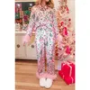 Women's Sleepwear Elegant Satin Two Piece Set Long Sleeve Top Pants Homewear Outfits Loungewear Nightwear Women Christmas Pajamas