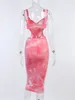 Casual Dresses Women Pink Tie Dye Print V Neck Midi Dress Slips Bandage Backless Irregular CutOut Sexy Slim Summer Outfits Holiday Sundress