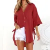 Women's Blouses Casual Tops T-Shirt Blouse For Women Loose Button Long Shirt Dress Cotton Ladies Short Sleeve Temperament Ropa Mujer