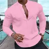 Camisas casuais masculinas camisa de moda henry cor sólida botão meio aberto gola muscular tops rua macio e confortável 2023 topo