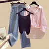 Calças femininas de duas peças roupas femininas idade reduzindo conjunto para primavera verão 2023 chegada camisa casaco com tanque top perna larga jeans três