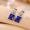 Kolczyki Dangle Real Solid 925 Sterling Silver Stud Natural Lapis Lazuli Geometry Square