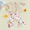 Clothing Sets Born Girl Fall Clothes Solid Color Ribbed Long Sleeve Romper With Flower Flare Pants And Bow Headband Outfit