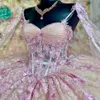 Sparkly Pink Champagne Princess Ball Gown Quinceanera Dresses 2024 Appliques Lace Beads Sweetheart Sequined Vestidos De 15 Anos