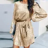 カジュアルドレス女性のためのファッションスパンコール長袖のクルーネックキラキラ光るグリッターミニドレスルーズランタンストラップスカート
