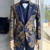 Ternos masculinos Blazers Floral Jacquard Smoking para Homens Casamento Slim Fit Azul Marinho e Jaqueta Cavalheiro Dourada com Colete Calça 3 Peça Traje Masculino 231216